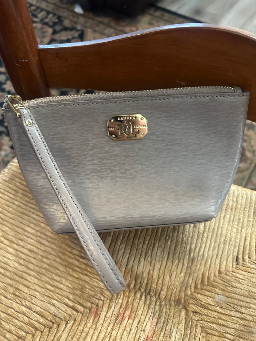 Ralph Lauren Gray Leather Wristlet Clutch with Gold Plate